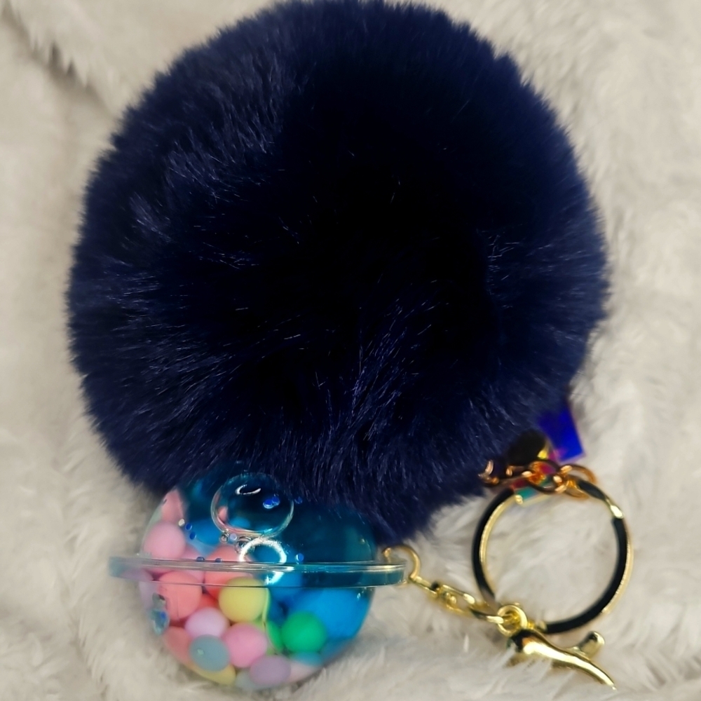 Saturn Inspired Navy Fluffy Pom Pom Keychain - Picture 5 of 5